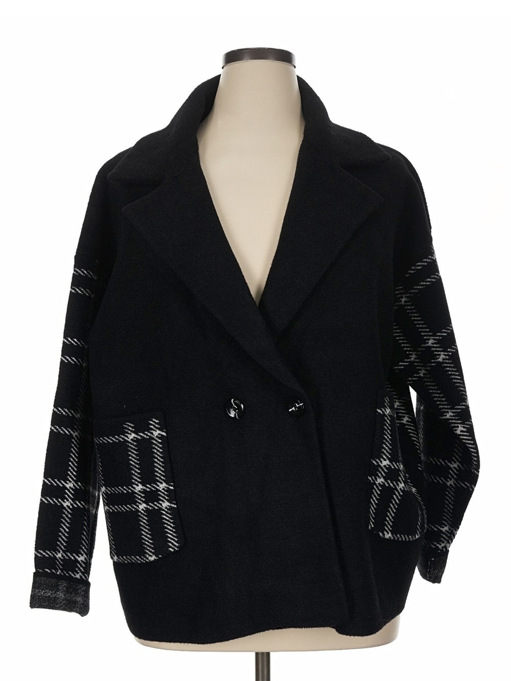 Kut from the Kloth Black Plaid Double-Breasted Knit Sweater Jacket Size XL